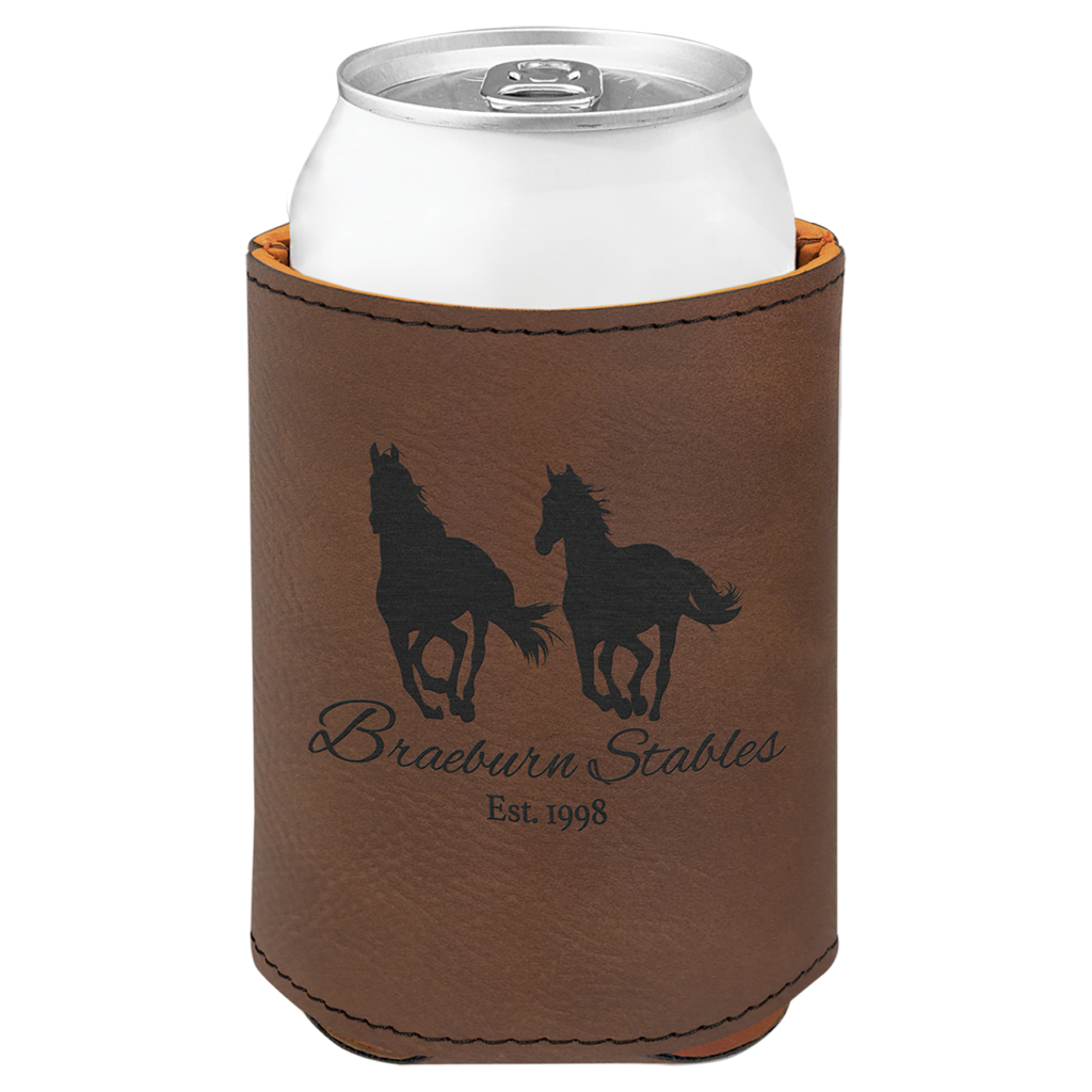 Dark brown personalized leatherette beverage holder with custom laser engraved horse logo
