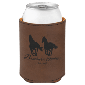 Dark brown personalized leatherette beverage holder with custom laser engraved horse logo