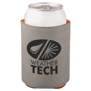 Gray personalized leatherette beverage holder with custom laser engraved logo