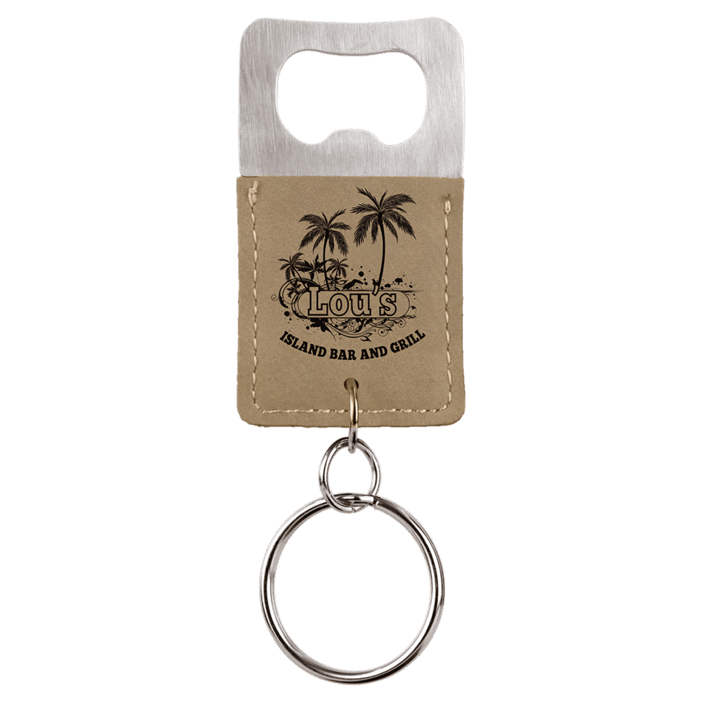 Light brown personalized leatherette bottle opener keychain with custom laser engraving