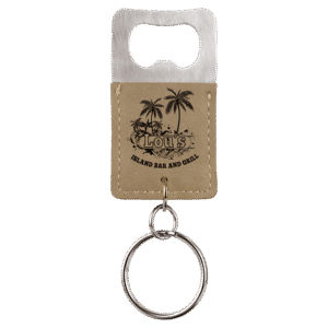 Light brown personalized leatherette bottle opener keychain with custom laser engraving