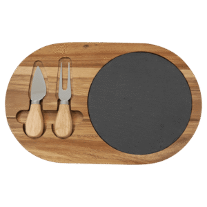 Personalized acacia wood and slate oval cheese board set with two stainless steel cheese tools and wooden handles on a transparent background.