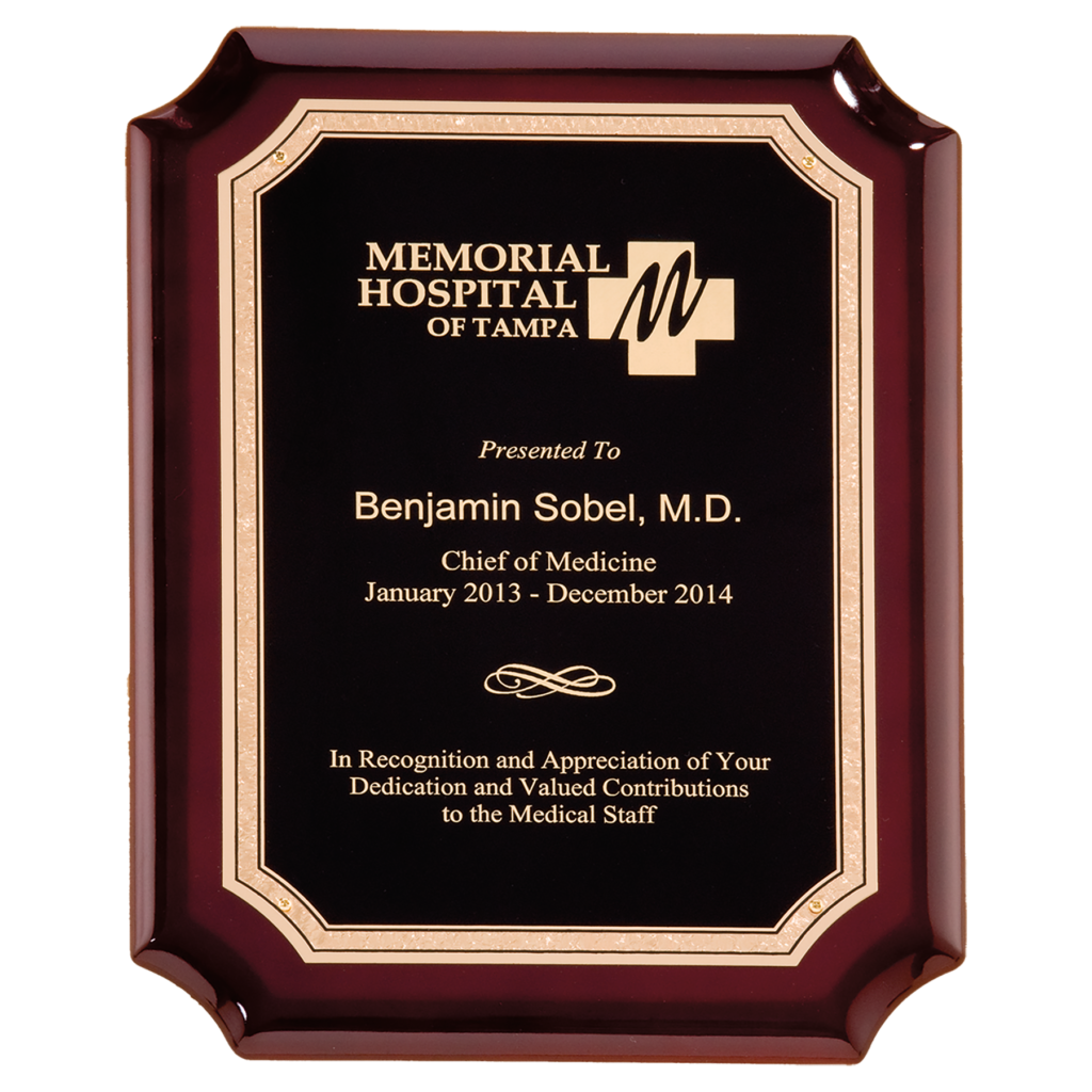 Custom Engraved Rosewood Plaque high gloss award plaque with black and gold Florentine Laser FX plate for employee recognition, memorials, retirement awards, and personalized gifts.
