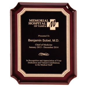 Custom engraved rosewood high gloss award plaque with black and gold Florentine Laser FX plate for employee recognition, memorials, retirement awards, and personalized gifts.