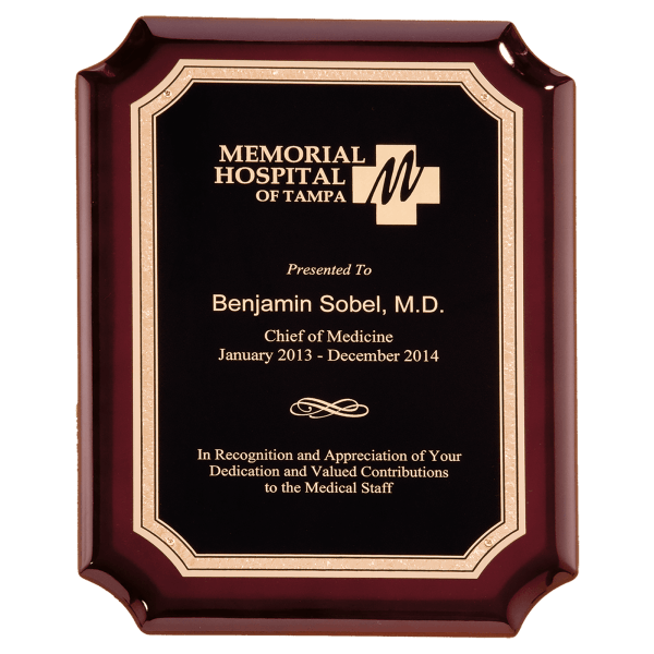 Custom engraved rosewood high gloss award plaque with black and gold Florentine Laser FX plate for employee recognition, memorials, retirement awards, and personalized gifts.