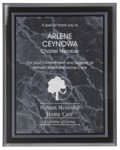 Black marble border acrylic award plaque with custom appreciation message and frosted personalization. Personalized marble style acrylic award featuring a company logo, recipient name, and thank you message for employee recognition, service awards, and community appreciation.