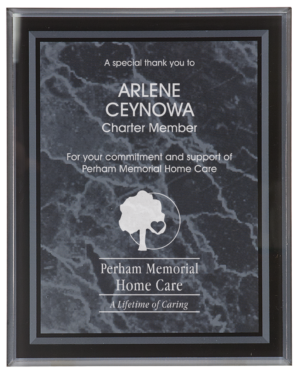 Black marble border acrylic award plaque with custom appreciation message and frosted personalization. Personalized marble style acrylic award featuring a company logo, recipient name, and thank you message for employee recognition, service awards, and community appreciation.