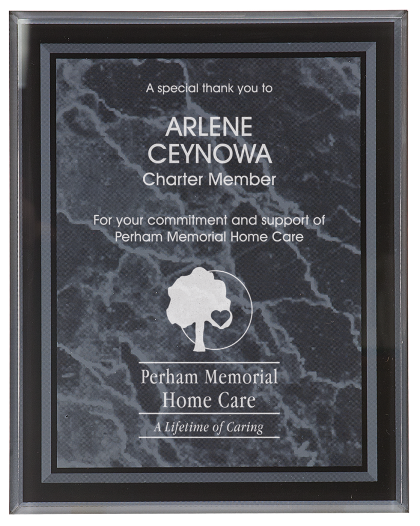 Black marble border acrylic award plaque with custom appreciation message and frosted personalization. Personalized marble style acrylic award featuring a company logo, recipient name, and thank you message for employee recognition, service awards, and community appreciation.