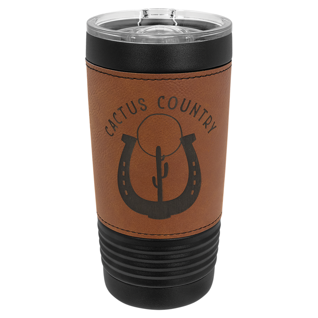 Custom engraved Polar Camel black rawhide leatherette tumbler with personalized logo