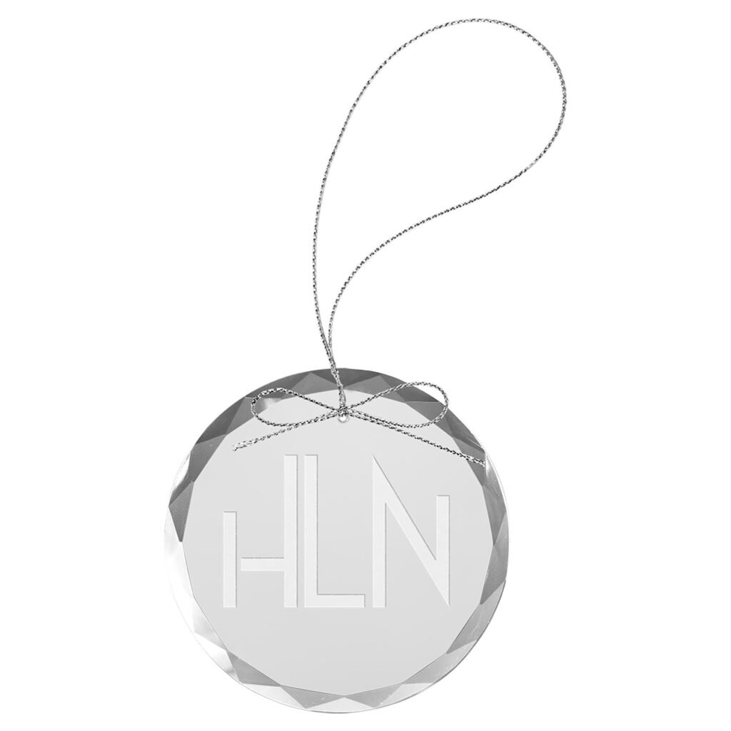 3 1/4 inch clear round glass ornament with silver hanging string for custom engraving and personalization