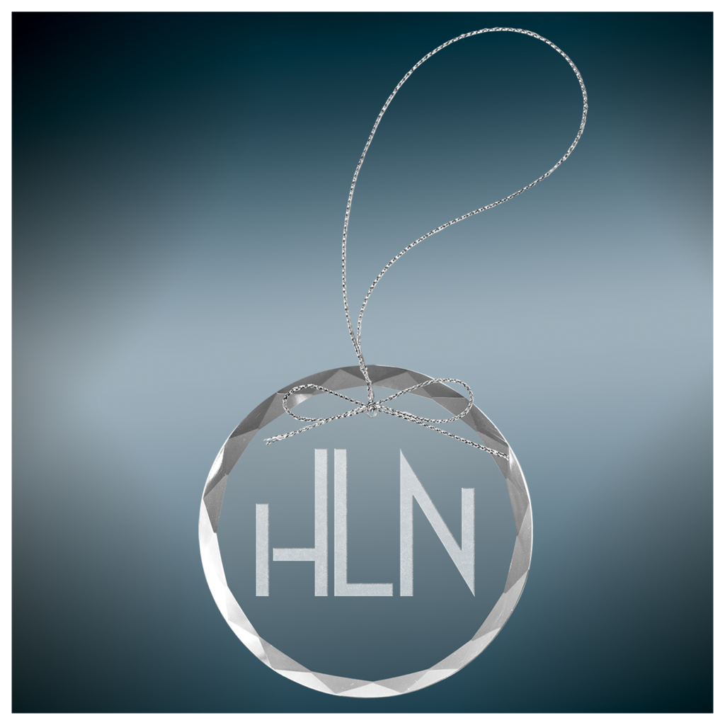 3 1/4 inch clear round glass ornament with silver hanging string for custom engraving and personalization