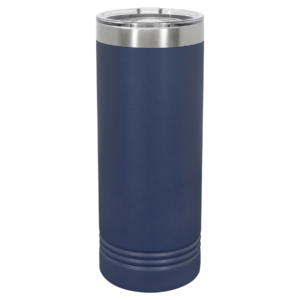 Custom engraved navy blue 22 oz skinny tumbler with laser engraving and stainless steel lid