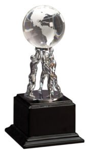 Custom engraved crystal globe award with silver figure on black piano finish base
