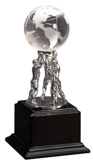 Custom engraved crystal globe award with silver figure on black piano finish base trophies