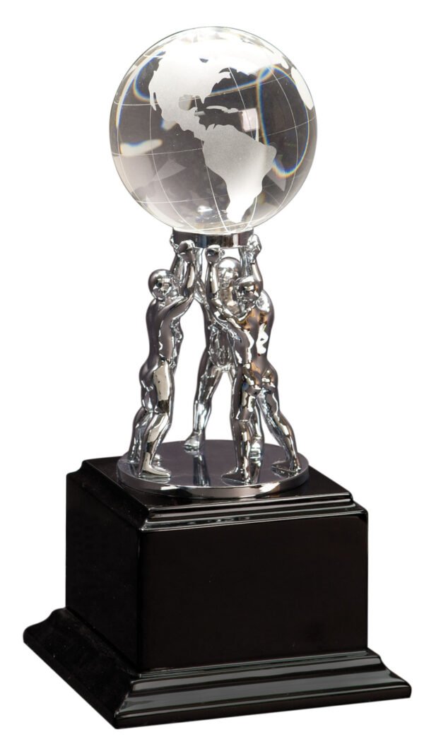 Custom engraved crystal globe award with silver figure on black piano finish base trophies