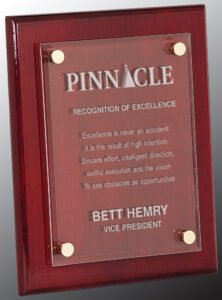 custom acrylic plaque with engraved acrylic panel and gold mounting pins