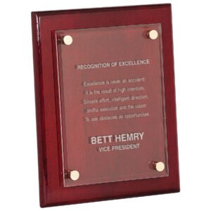 custom acrylic plaque with rosewood backing and floating engraved acrylic panel