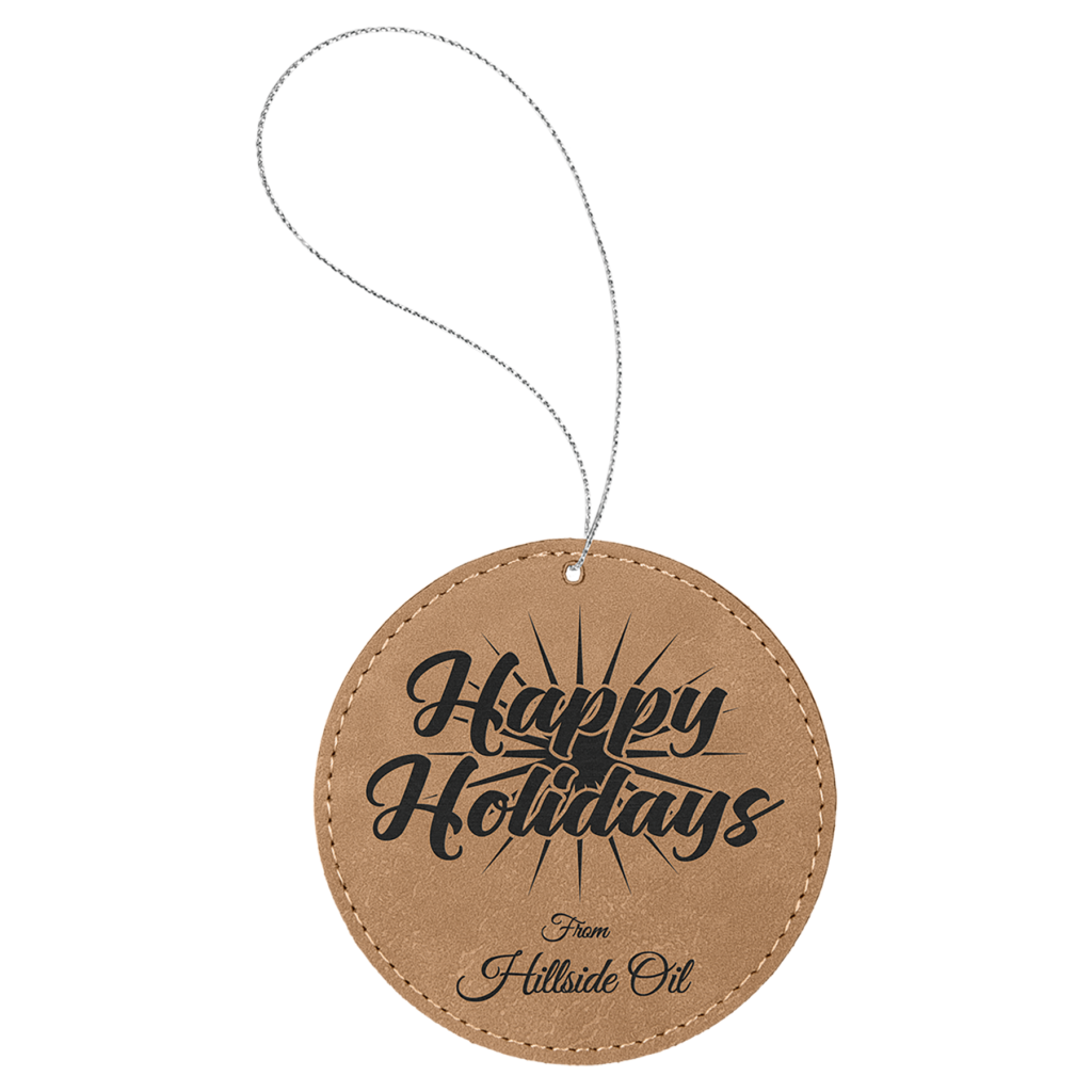 Personalized light brown leatherette ornament round ornament with custom laser engraving and silver hanging string