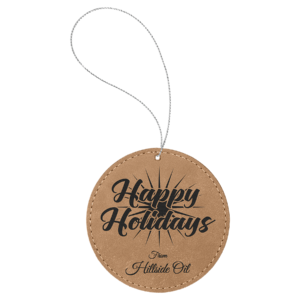 Personalized light brown leatherette ornament round ornament with custom laser engraving and silver hanging string