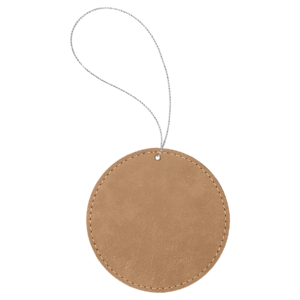 Personalized light brown leatherette ornament round ornament with custom laser engraving and silver hanging string
