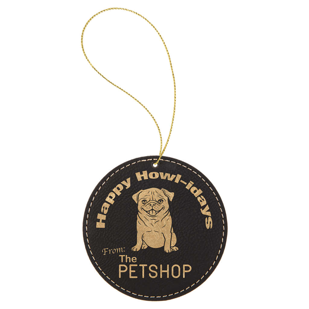 Personalized leatherette ornament black and gold round ornament with custom laser engraving and gold hanging string Title: