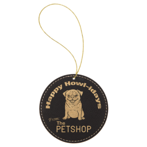 Personalized leatherette ornament black and gold round ornament with custom laser engraving and gold hanging string Title: