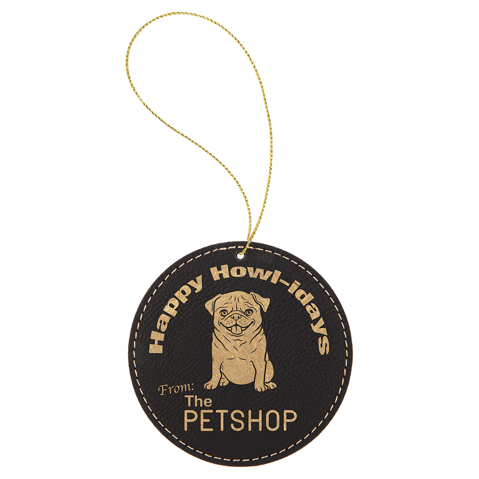 Personalized leatherette ornament black and gold round ornament with custom laser engraving and gold hanging string Title:
