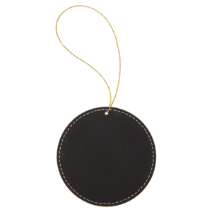 Personalized leatherette ornament black and gold round ornament with custom laser engraving and gold hanging string