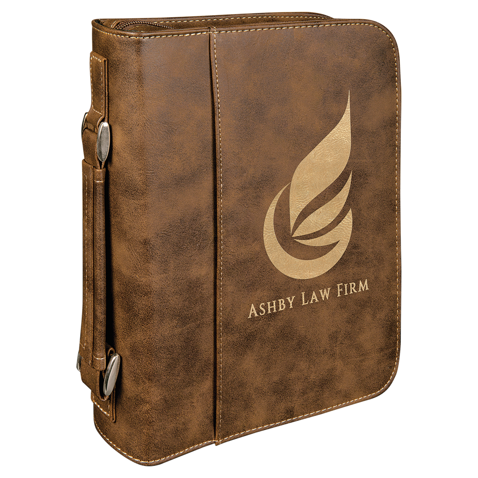 Custom engraved rustic gold Leatherette Bible cover with handle and zipper
