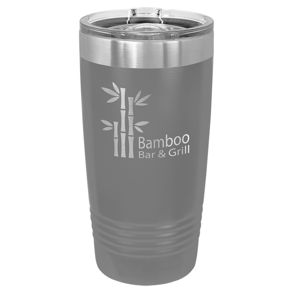 Dark gray Polar Camel 20 oz ringneck stainless steel tumbler with laser engraved Bamboo Bar & Grill logo and clear slider lid