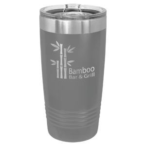 Dark gray Polar Camel 20 oz ringneck stainless steel tumbler with laser engraved Bamboo Bar & Grill logo and clear slider lid