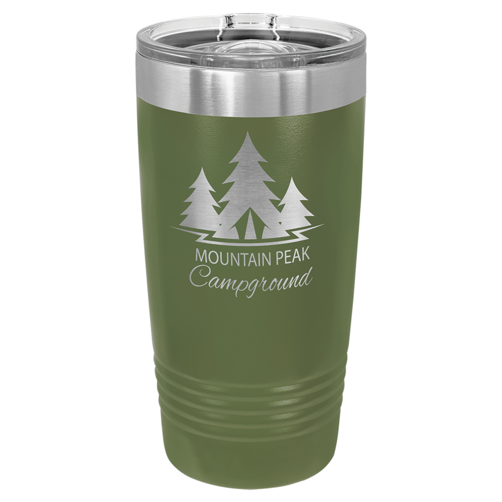 Olive green Polar Camel 20 oz ringneck stainless steel tumbler with laser engraved Mountain Peak Campground logo and clear slider lid