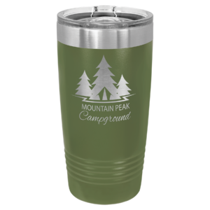 Olive green Polar Camel 20 oz ringneck stainless steel tumbler with laser engraved Mountain Peak Campground logo and clear slider lid
