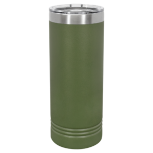 Olive green 22 oz Polar Camel stainless steel skinny tumbler with silver rim and clear lid.