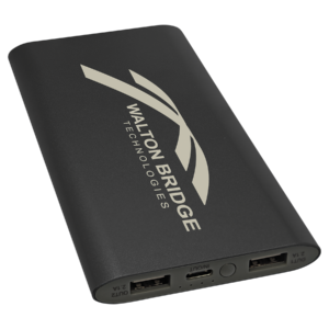 Black custom engraved wireless charger power bank with company logo and 8000mAh battery