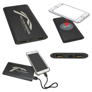 Custom engraved wireless charger power bank with 8000mAh battery and USB charging ports