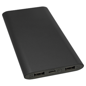 Black wireless charger power bank with 8000mAh battery and USB charging ports
