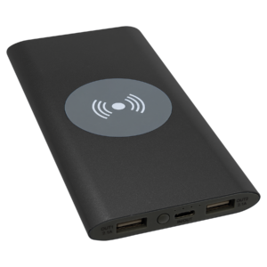 Wireless charger power bank with 8000mAh battery and USB charging ports