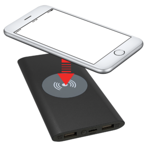 Black Wireless charger power bank charging a smartphone wirelessly with 8000mAh battery