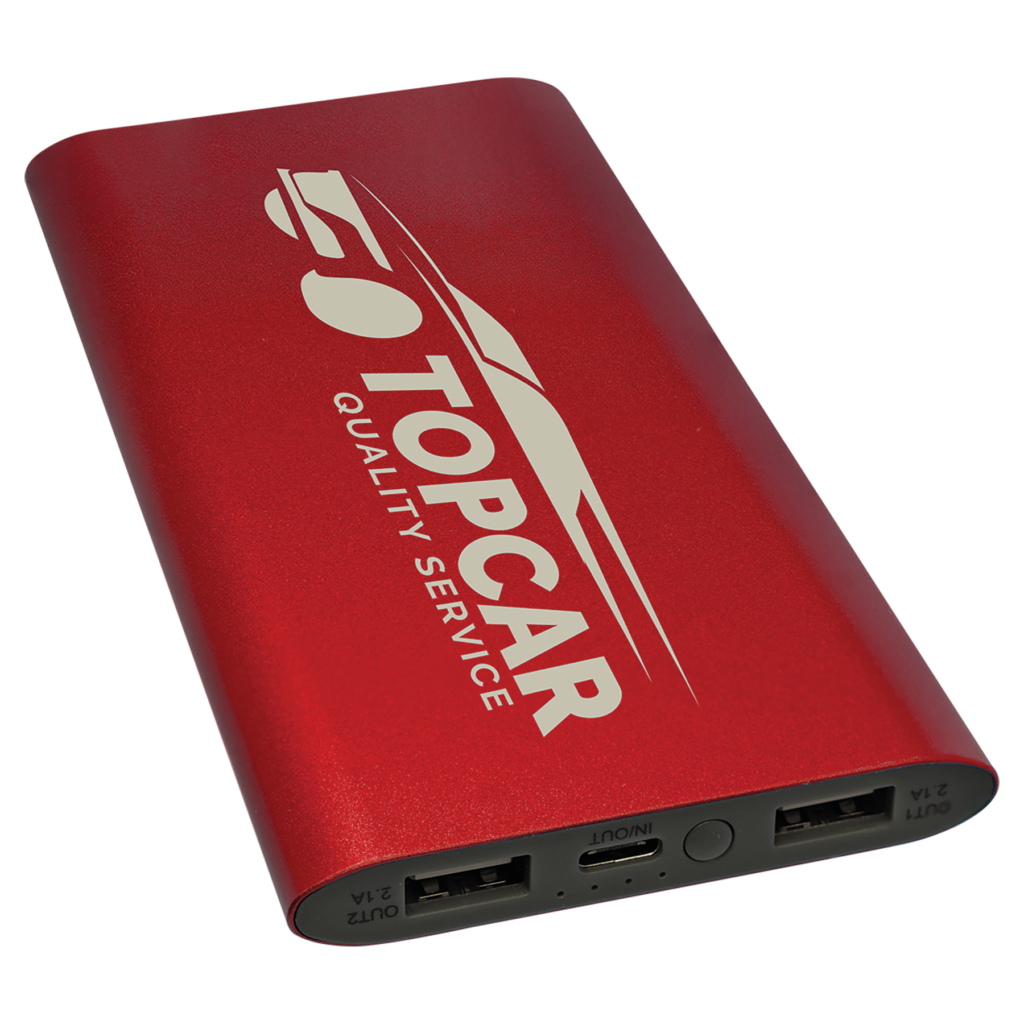Red aluminum wireless charger power bank with custom white laser engraved logo, 8000mAh rechargeable battery, and portable charging capability. Bulk order