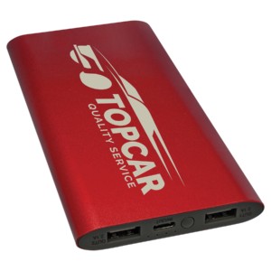 Red aluminum wireless charger power bank with custom white laser engraved logo, 8000mAh rechargeable battery, and portable charging capability. Bulk order