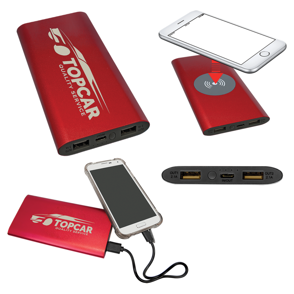 Collage showing a red wireless charger power bank with custom laser engraving, wireless charging capability, USB charging ports, and smartphone charging examples.