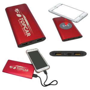 Collage showing a red wireless charger power bank with custom laser engraving, wireless charging capability, USB charging ports, and smartphone charging examples.