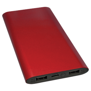 Blank red aluminum wireless charger power bank with 8000mAh rechargeable battery and large engraving area for custom logos and personalization.