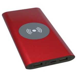 Red aluminum wireless charger power bank featuring a wireless charging pad, 8000mAh battery, and custom engraving area for logos and personalization.