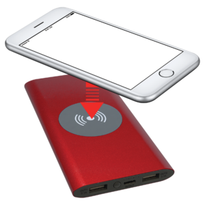 Smartphone positioned above a red wireless charger power bank demonstrating wireless charging functionality with custom engraving and 8000mAh battery.