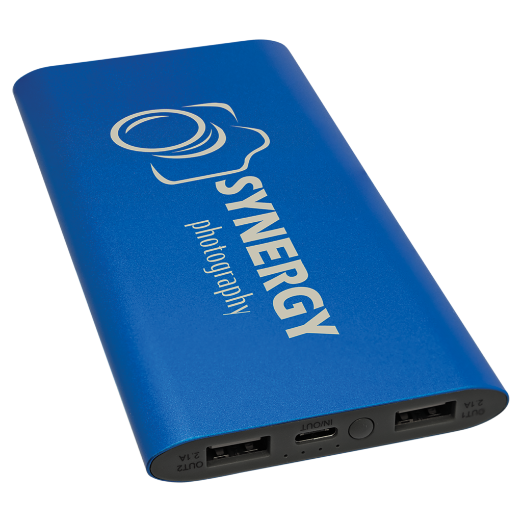 Blue aluminum wireless charger power bank with custom white laser engraved logo, 8000mAh rechargeable battery, and portable charging capability.