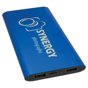 Blue aluminum wireless charger power bank with custom white laser engraved logo, 8000mAh rechargeable battery, and portable charging capability.