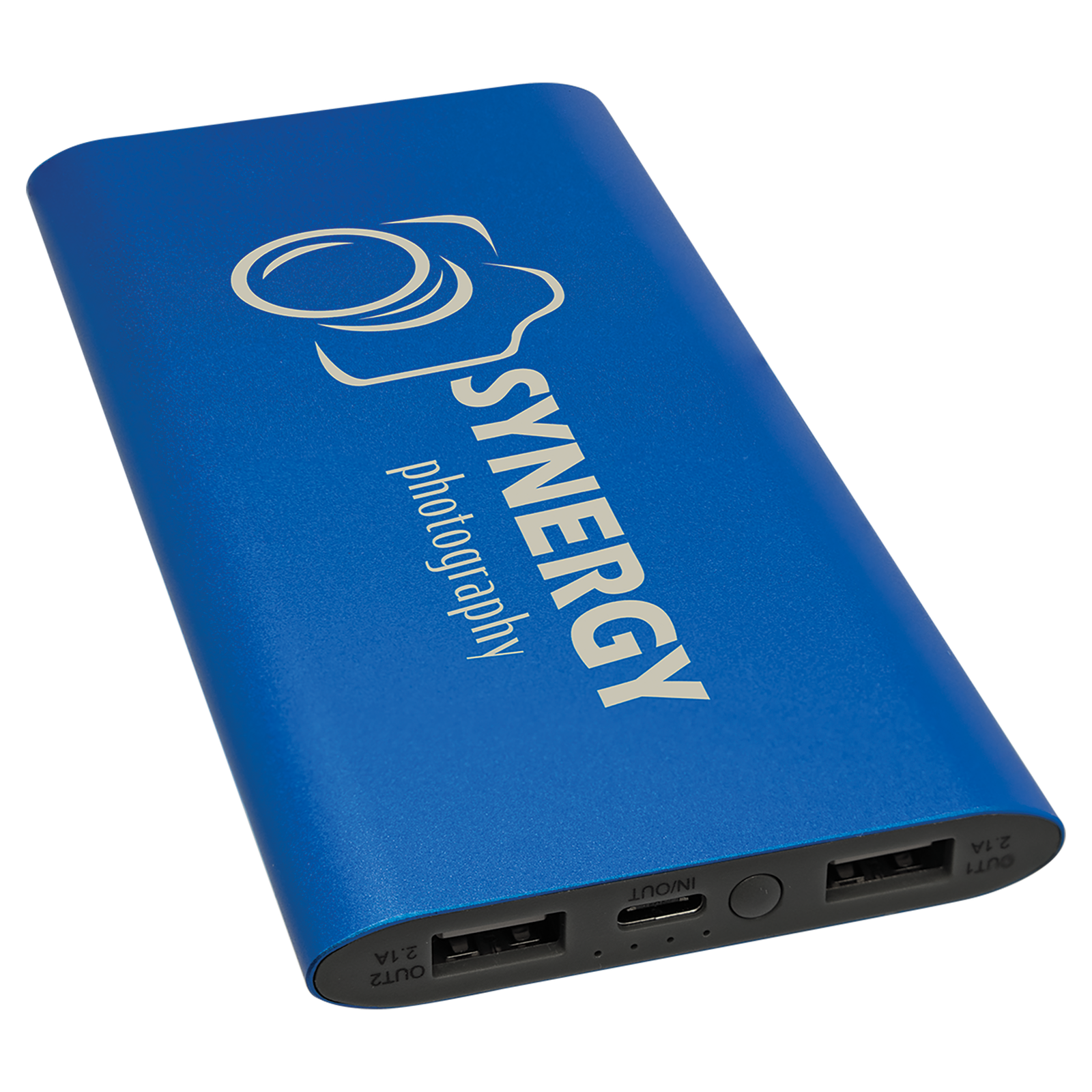 Blue aluminum wireless charger power bank with custom white laser engraved logo, 8000mAh rechargeable battery, and portable charging capability.