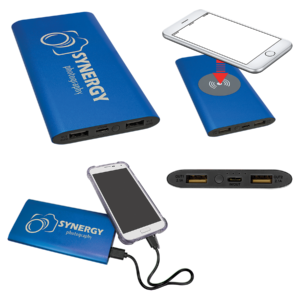 Collage showing a blue wireless charger power bank with custom laser engraving, wireless charging capability, USB charging ports, and smartphone charging examples.